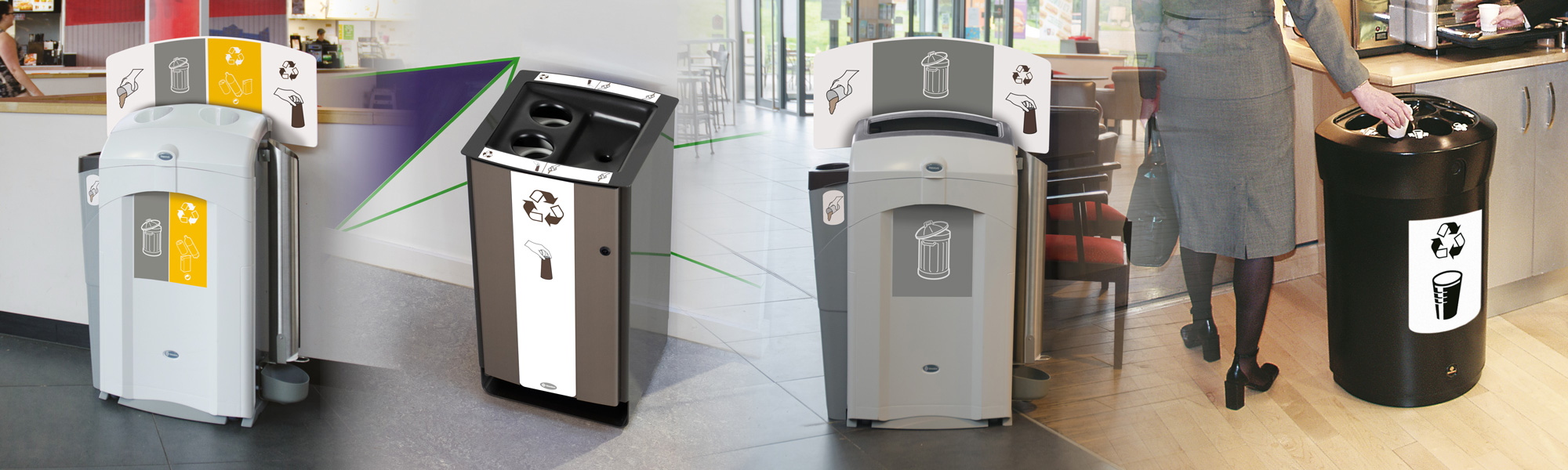 Mehrere Glasdon-Becher-Recyclingbeh&auml;lter mit seitlichen Aufs&auml;tzen, die eine schnelle und einfache Entsorgung von Fl&uuml;ssigkeiten erm&ouml;glichen.
