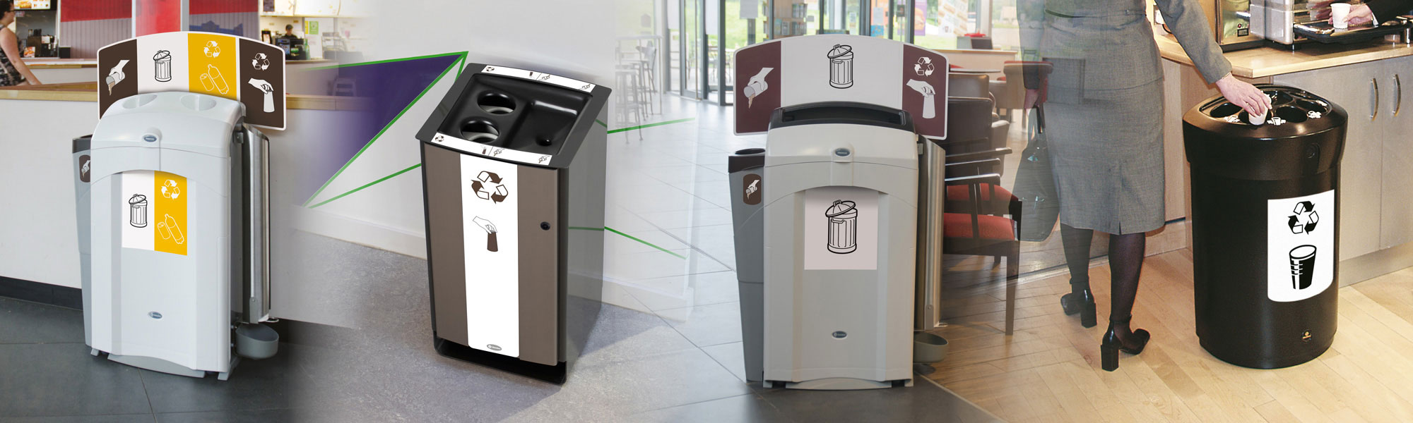Varias papeleras Glasdon para el reciclaje de vasos, equipadas con m&oacute;dulos laterales que permiten reciclar l&iacute;quidos de forma r&aacute;pida y sencilla.