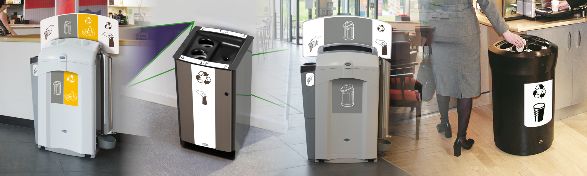 Plusieurs poubelles de recyclage de gobelets Glasdon, &eacute;quip&eacute;es d'accessoires lat&eacute;raux permettant de vider les liquides rapidement et facilement.