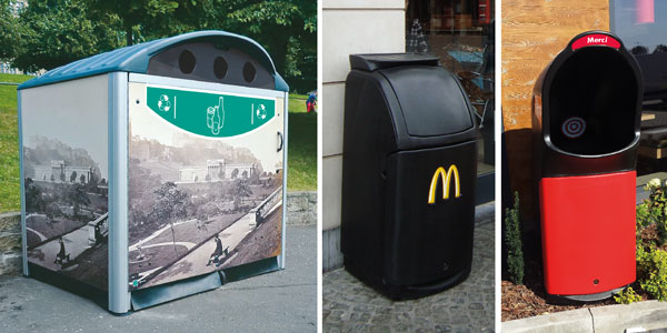 Cache-conteneur Modus orné d’une illustration attrayante grand format, conçu pour la Ville de Castelsarrasin. Poubelle Combo™ Glasdon avec support pour plateaux, conçue pour McDonalds. Poubelle-drive Combo Delta™ noire et rouge.