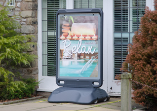 Advocate™ Floor Standing Poster Display Sign outside a hotel leisure facility
