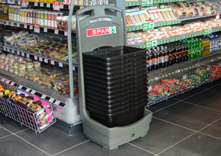 Mobile Basket Buddy™ shopping basket holder for spar supermarket with baskets in