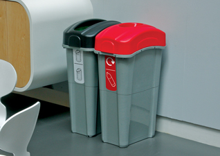 Eco Nexus® 85 Indoor Recycling Bins for plastic bottles in red and general waste in black and white
