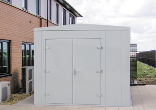 Element™ Enclosure Cabinet in steel with double door entrance, outside office building