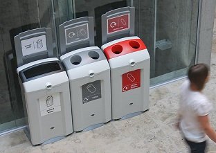 Three Glasdon Ireland Nexus 100 bins creating a recycling station to recycle cans and plastic bottles and for general waste