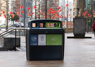Nexus® Evolution City Quad outdoor recycling container in street