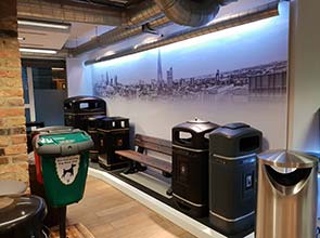 Park seat, Dog waste and litter bins inside the Glasdon London showroom