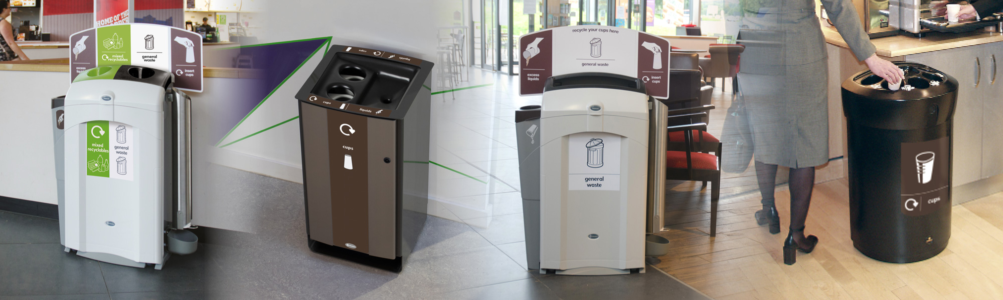 Several Glasdon cup recycling bins with side pods that allow for quick and easy liquid recycling