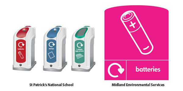 St Patrick's waste streams, batteries, stamps and egg cartons and battery graphic