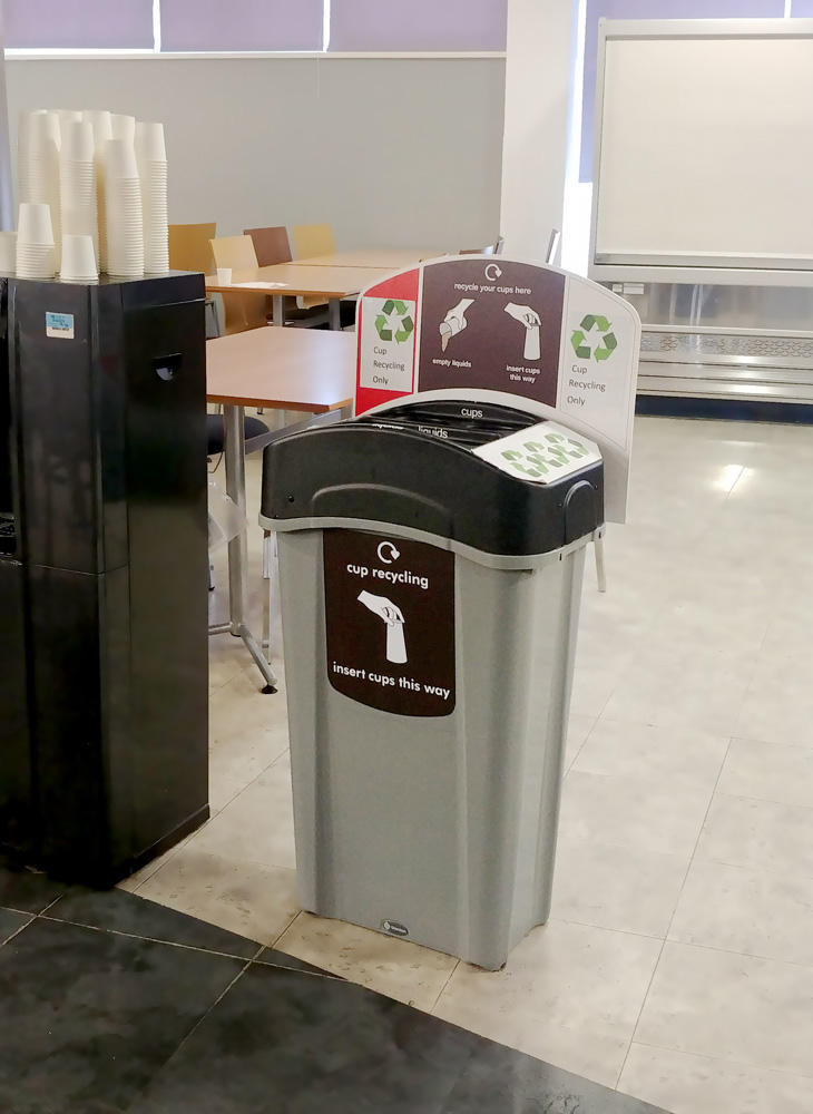 Eco Nexus&reg; Cup Recycling Station with personalised sign kit and top aperture graphics