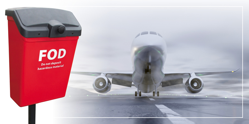 Glasdon FOD bin next to an airplane