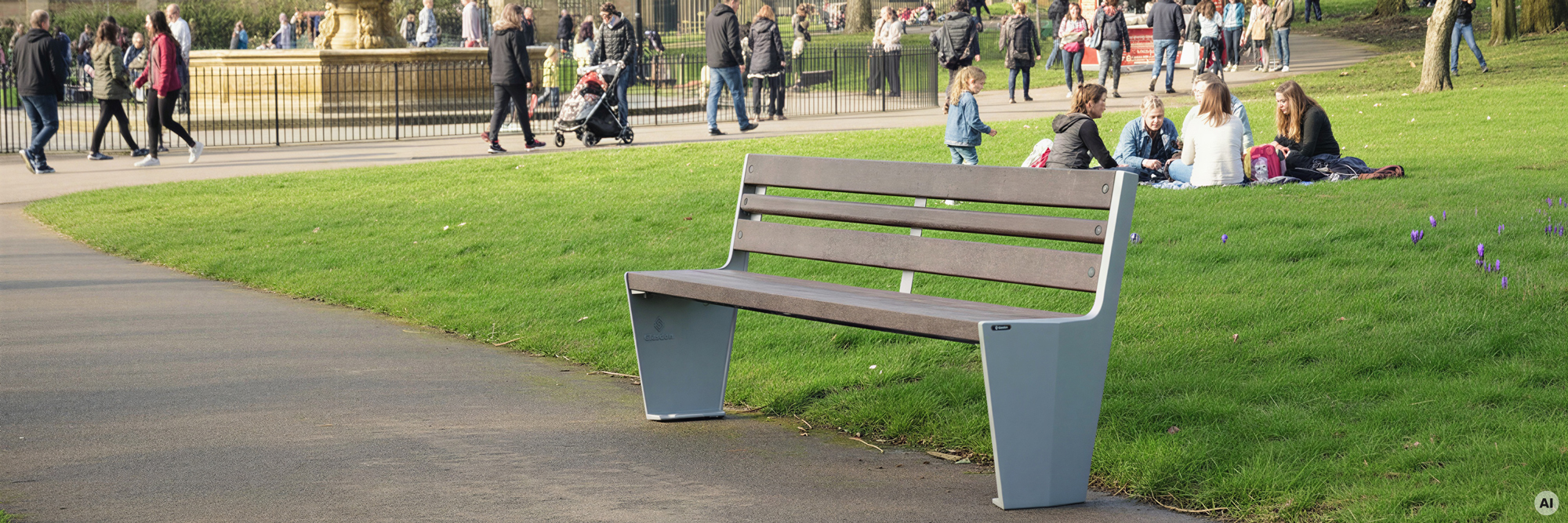 A nice bench in a park with green fields and people sitting down to have a picnic