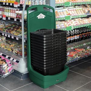 Mobile Basket Buddy&trade; kan gemakkelijk bij de ingang van de tankstationwinkel