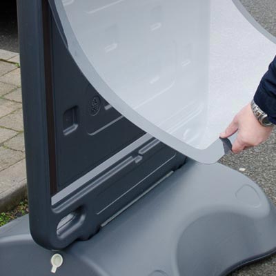 Wat is dit? Het doorzichtige polycarbonaat protector biedt de poster bescherming tegen weersinvloeden en graffiti en houdt de poster op zijn plek.