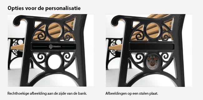 Lowther&trade; Parkbank met rugleuning met Personalisatie - rechthoekige afbeelding aan de zijde van de bank of afbeeldingen op een stalen plaat.