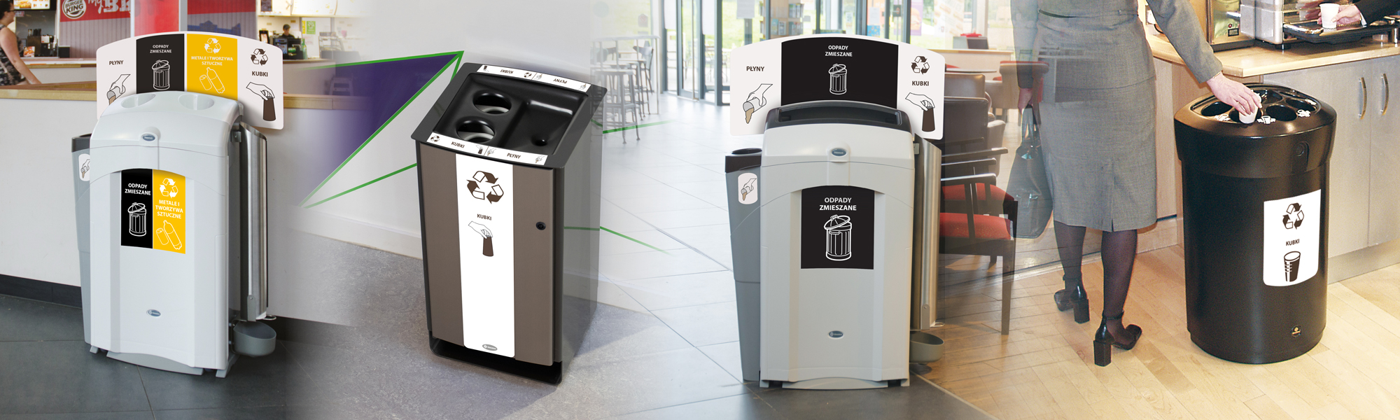 Several Glasdon cup recycling bins with side pods that allow for quick and easy liquid recycling