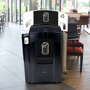 A black version of a Nexus 100 liquid and cup recycling station in a public bistro or caf&eacute;