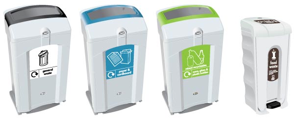 Recycling Hubs at Manchester Metropolitan University with the Glasdon Nexus 100 Recycling Bins and Nexus Shuttle Food Waste Bin