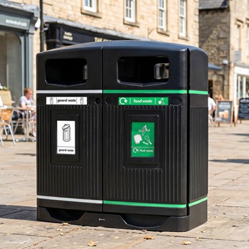 Glasdon Jubilee 220 general and food waste bin in a retail street in a town centre