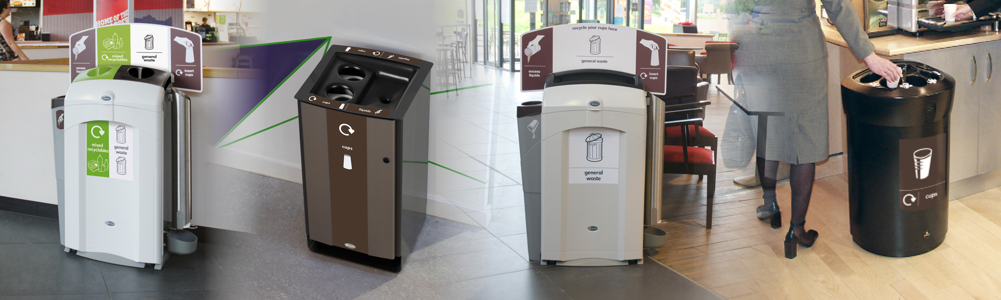 Several Glasdon cup recycling bins with side pods that allow for quick and easy liquid recycling
