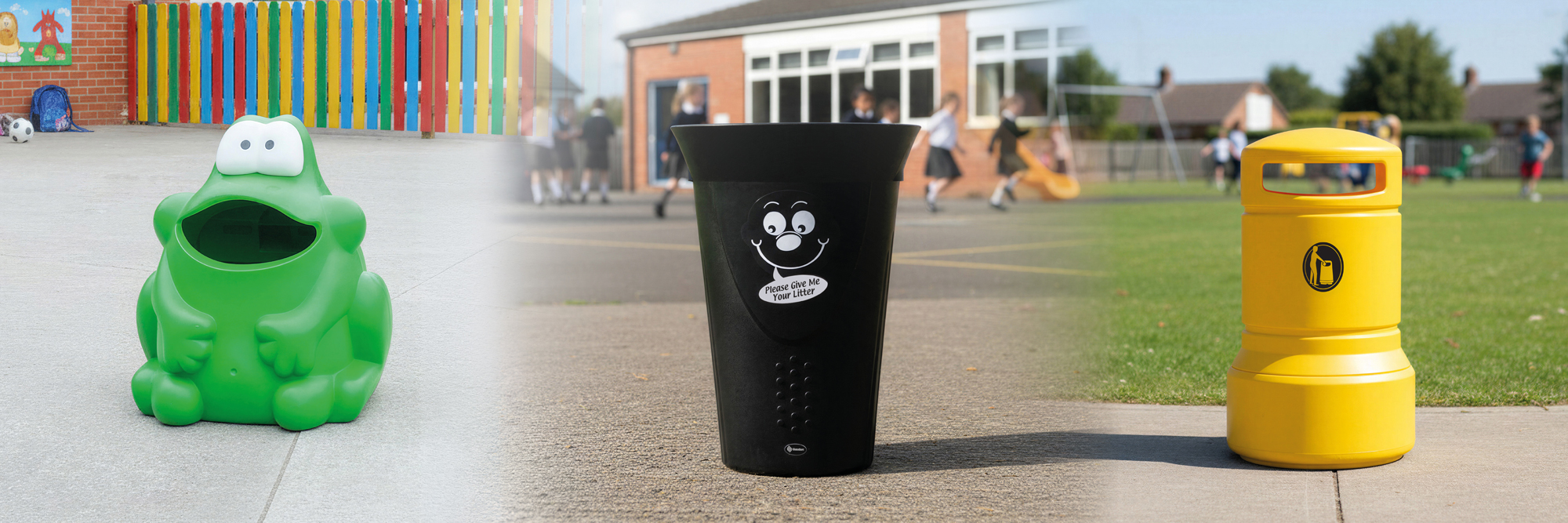 Several Glasdon cup recycling bins with side pods that allow for quick and easy liquid recycling