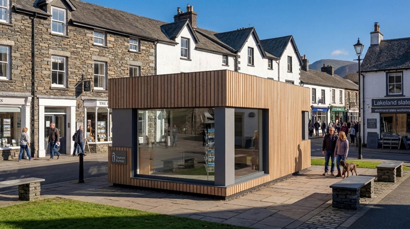 modern wood accord building with larger windows serving as a tourist spot on a town's high street