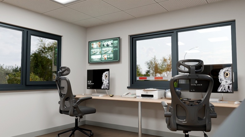 interior of an accord building acting as a small office and security monitoring area