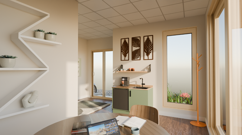 interior of an accord building acting as a luxurious business suite with tables and chairs