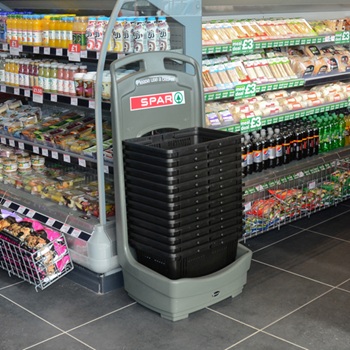 Glasdon Basket Buddy in a retail environment containing several baskets ready for shoppers to start shopping