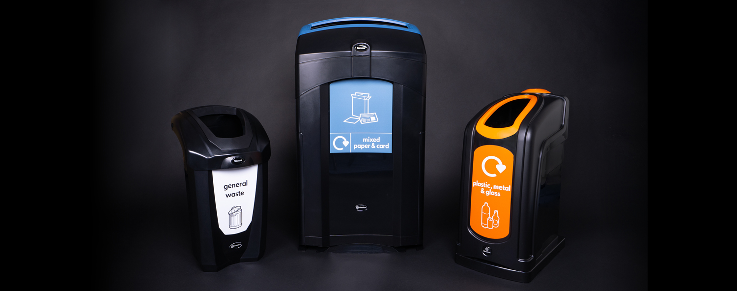 a nexus 30, nexus 50, and nexus 100 recycling bin on a plinth with a black background