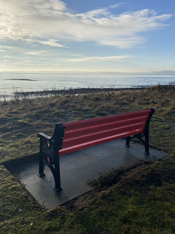 red british heart foundation bench in a grassland overlooking a body of water