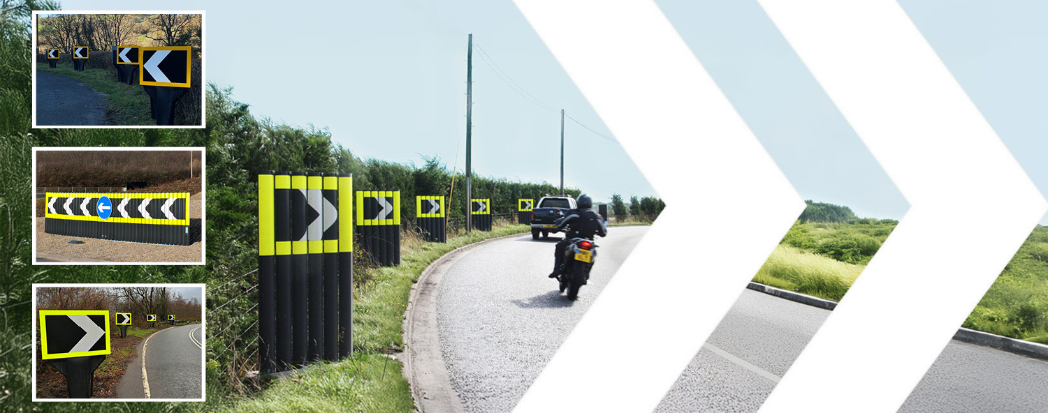 Header image of a chevron on a bend with a motorcyclist and several images of chevrons added to the side