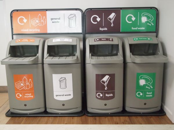 Combo with tray shelf bins together to form a recycling station in the workplace