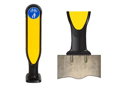 Cyclemaster™ Cycle Bollard demonstrating the bolt-down fixing option available for a temporary / pop-up cycle lane scheme