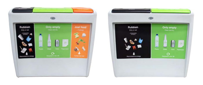two nexus evolution recycling bins, one with three different waste streams and one with two different waste streams