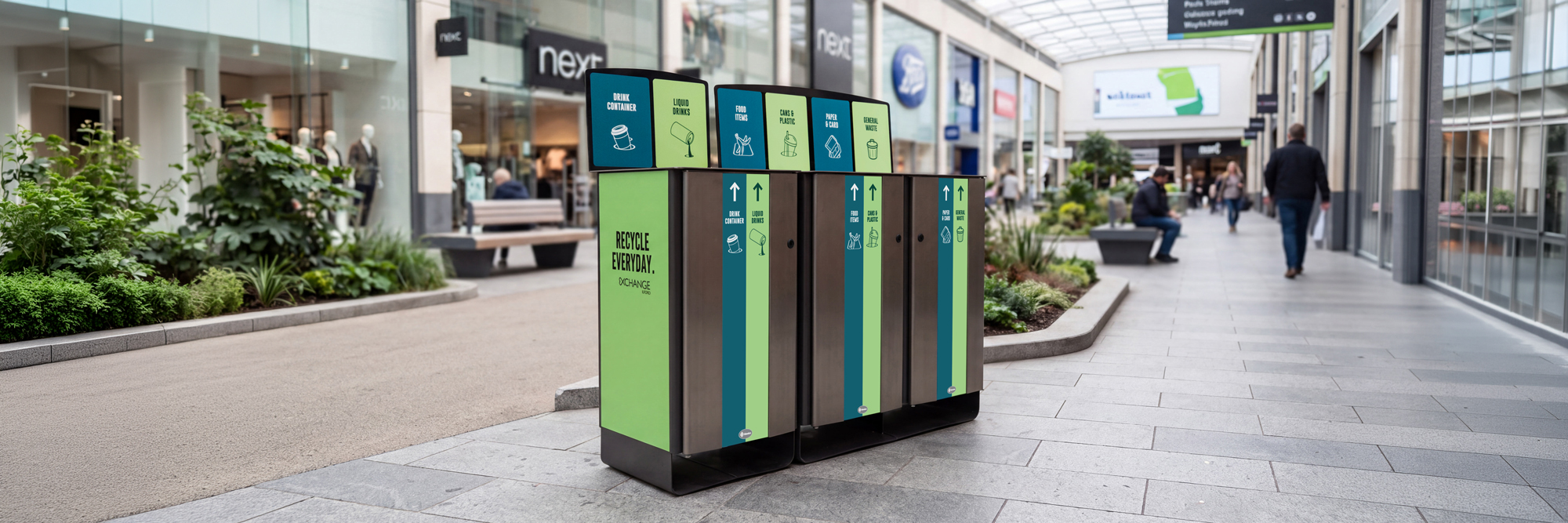 Several Glasdon cup recycling bins with side pods that allow for quick and easy liquid recycling