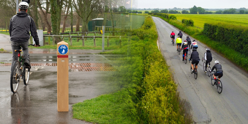 Cyclists on a rural route with a Glenwood bollard in focus