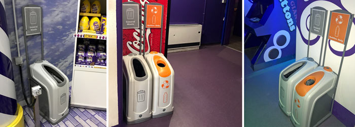 Nexus 50 Recycling Containers sited next to vending machines, by the Cadabra Ride and within the Cadbury World Chocolate shop