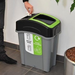eco nexus 60 recycling bin with dual white general waste and green mixed recyclable graphics in a reception area