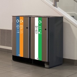 electra 170 recycling bin with 4 simpler recycling waste streams and graphics in a commercial building