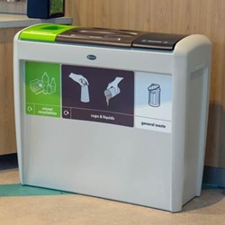 nexus evolution cup recycling station in a canteen with additional waste streams and graphics for general waste and mixed recyclables