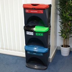 nexus stack recycling bin with 4 waste streams and graphics in an office