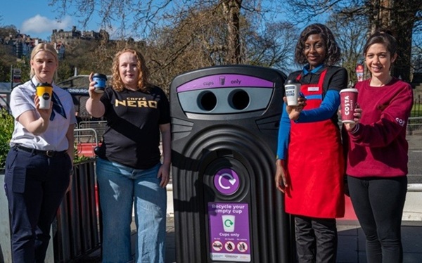 nexus 360 cup recycling bin in Edinburgh with workers from mcdonald's, caffe nero, greggs, and costa coffee holding up cups next to it