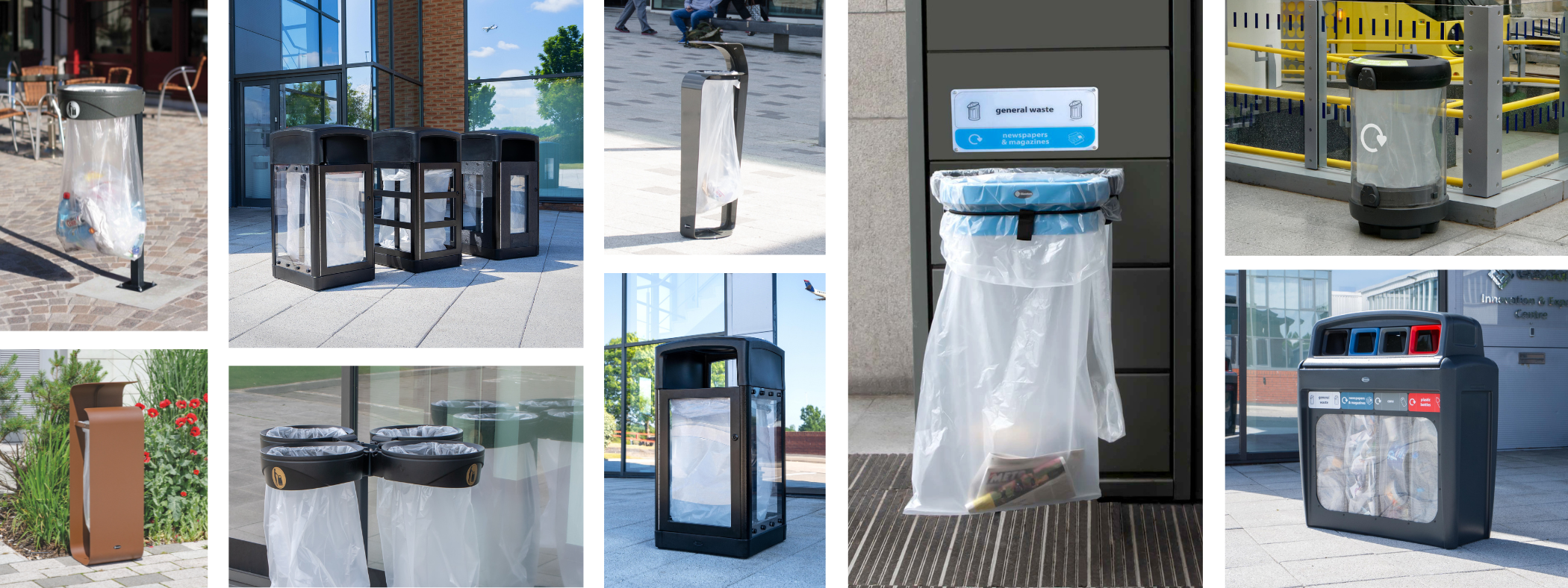 collage of glasdon FOD bins, transparent sack holders, and transparent litter bins