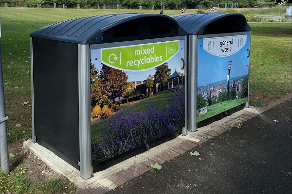 A general waste and mixed recyclables Modus container in a park in Gravesham