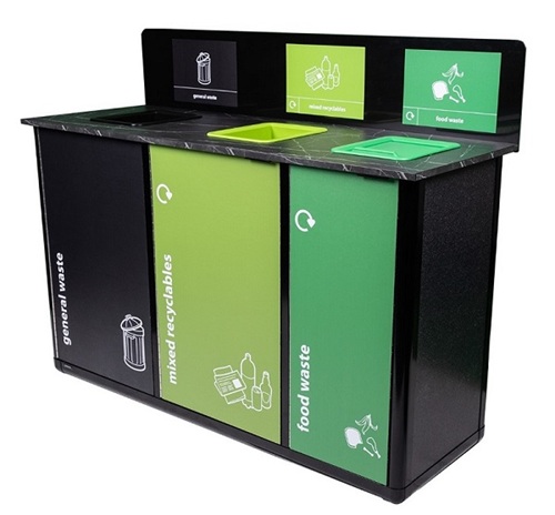 black origin infinity recycling station with three waste streams including general waste, mixed recyclables and food waste