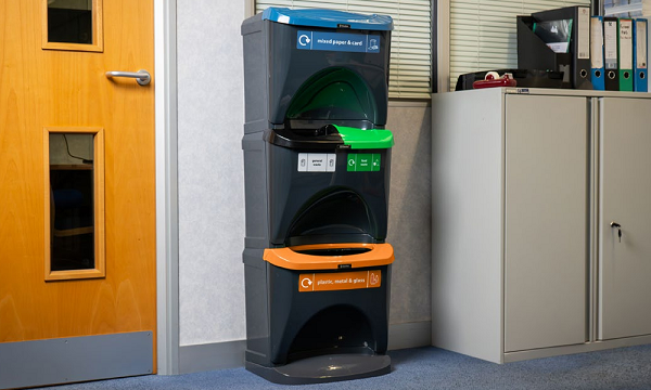 nexus stack recycling bin in an office setting with simpler recycling waste streams