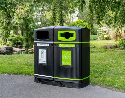 a glasdon jubilee duo recycling bin in a town park