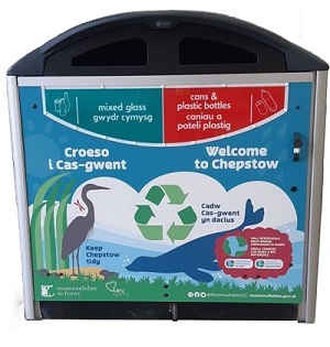 modus 770 mixed glass/cans/plastic bottle recycling housing with personalised graphics for monmouthshire county council