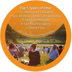 image of a park with top 5 types of litter found listed over it